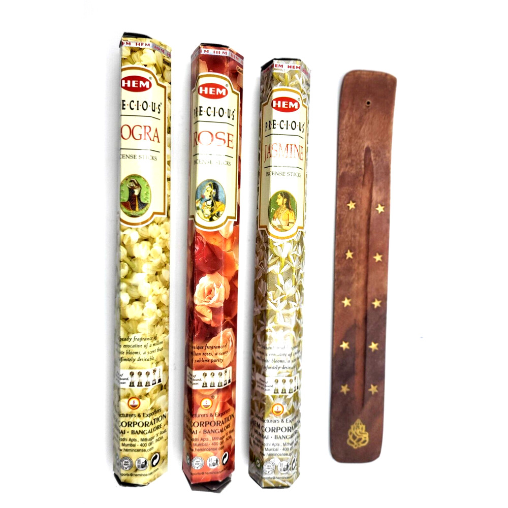 Wood Incense Burner with 3 Packs of Incense Sticks Jasmine Mogra Rose NOS